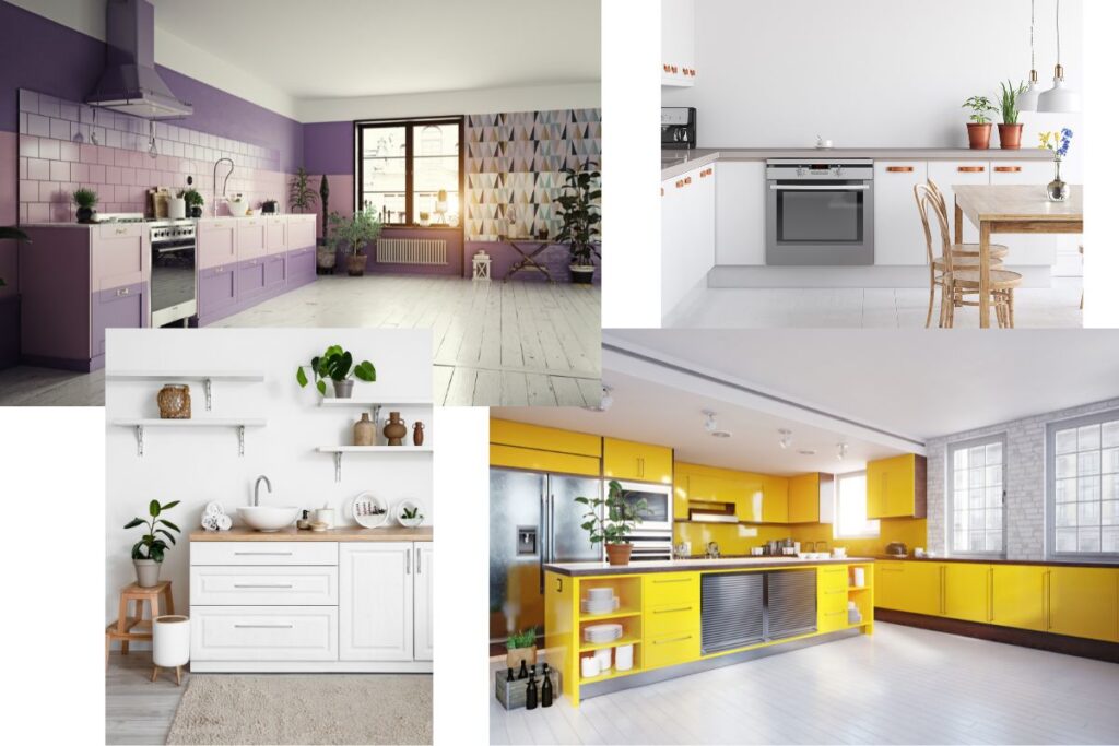 Przykłady różnych kolorów modnych w nowoczesnych kuchniach
